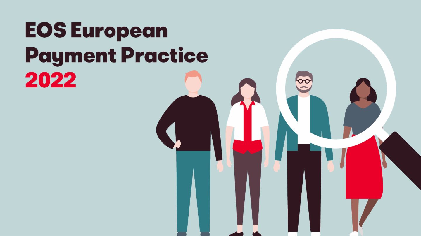 Illustration montrant quatre individus divers et une loupe, accompagnant le texte "European Payment Practise EOS study 2022". Cette image représente l'enquête annuelle d'EOS sur les comportements et tendances de paiement européens.
