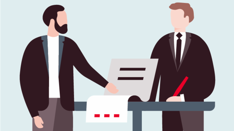 Illustation shows two men writing a signature on a contract in a business process.