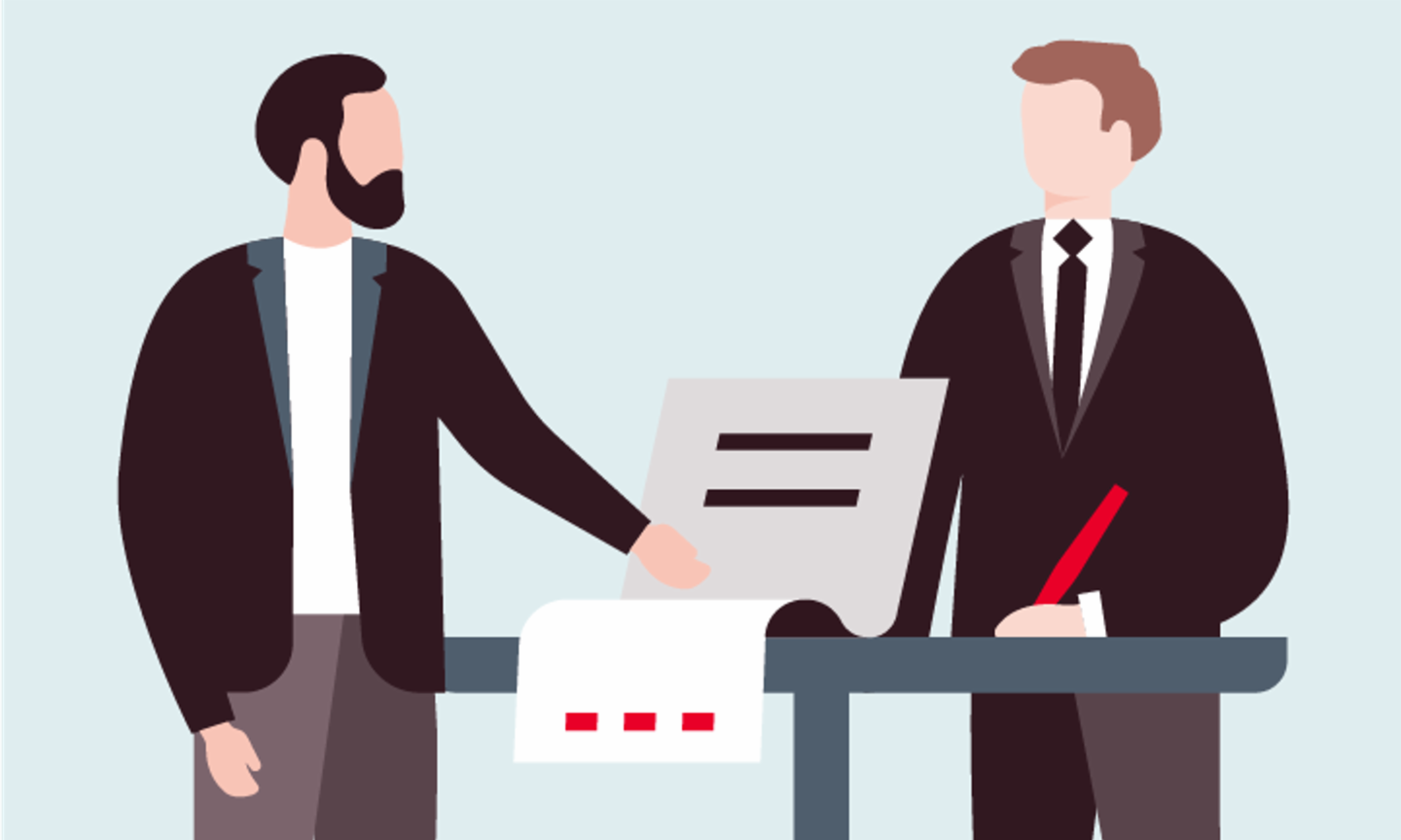 Illustation shows two men writing a signature on a contract in a business process.