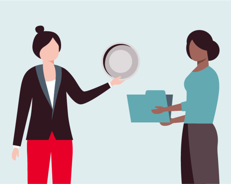 Illustation of a woman holding up a coin and a woman standing opposite with a folder.