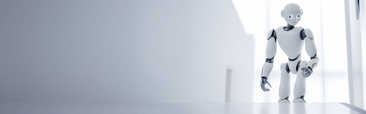 Weisser Roboter steht vor einem Fenster