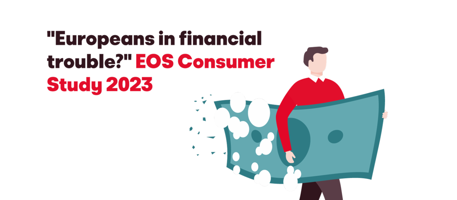  Illustration eines Mannes, der einen großen sich auflösenden Geldschein trägt, mit dem Text 'Europeans in financial trouble? EOS Consumer Study 2023'.