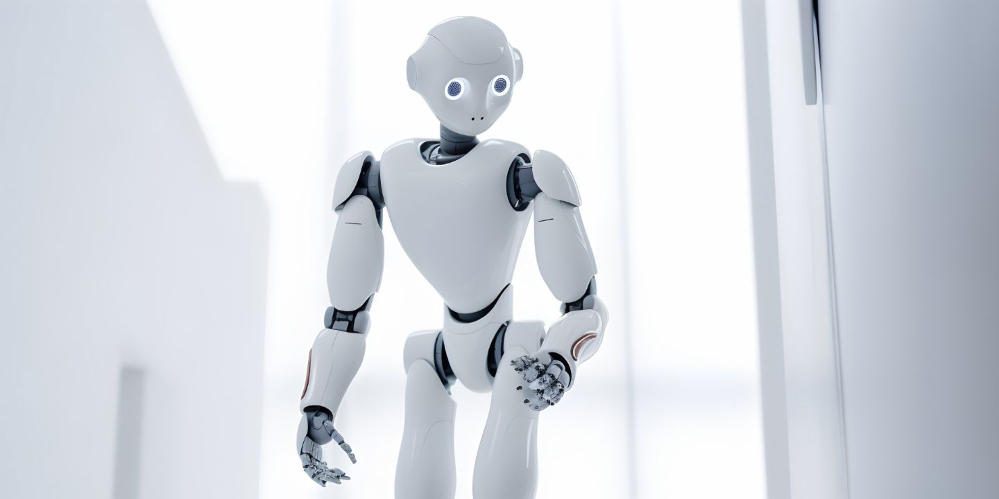 Weisser Roboter steht vor einem Fenster