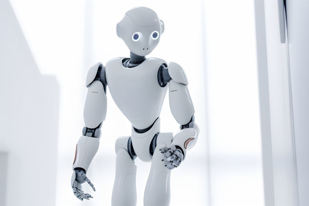 Weisser Roboter steht vor einem Fenster